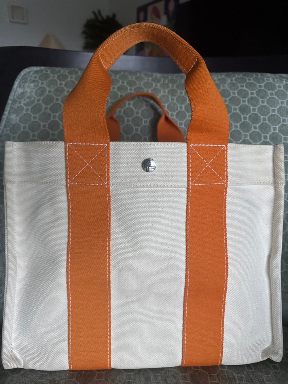 Hermes Bora Bora Canvas Tote with Orange Straps - Like New